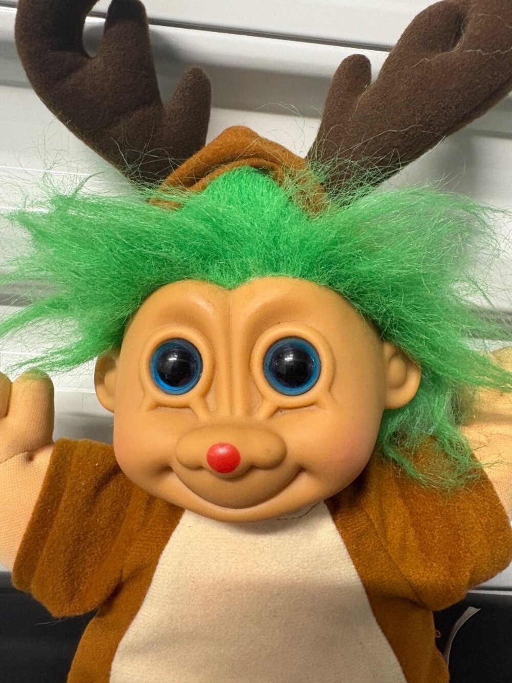 Russ Berrie Reindeer Troll Doll Green Hair Antlers Plush & Vinyl Blue Eyes 12"